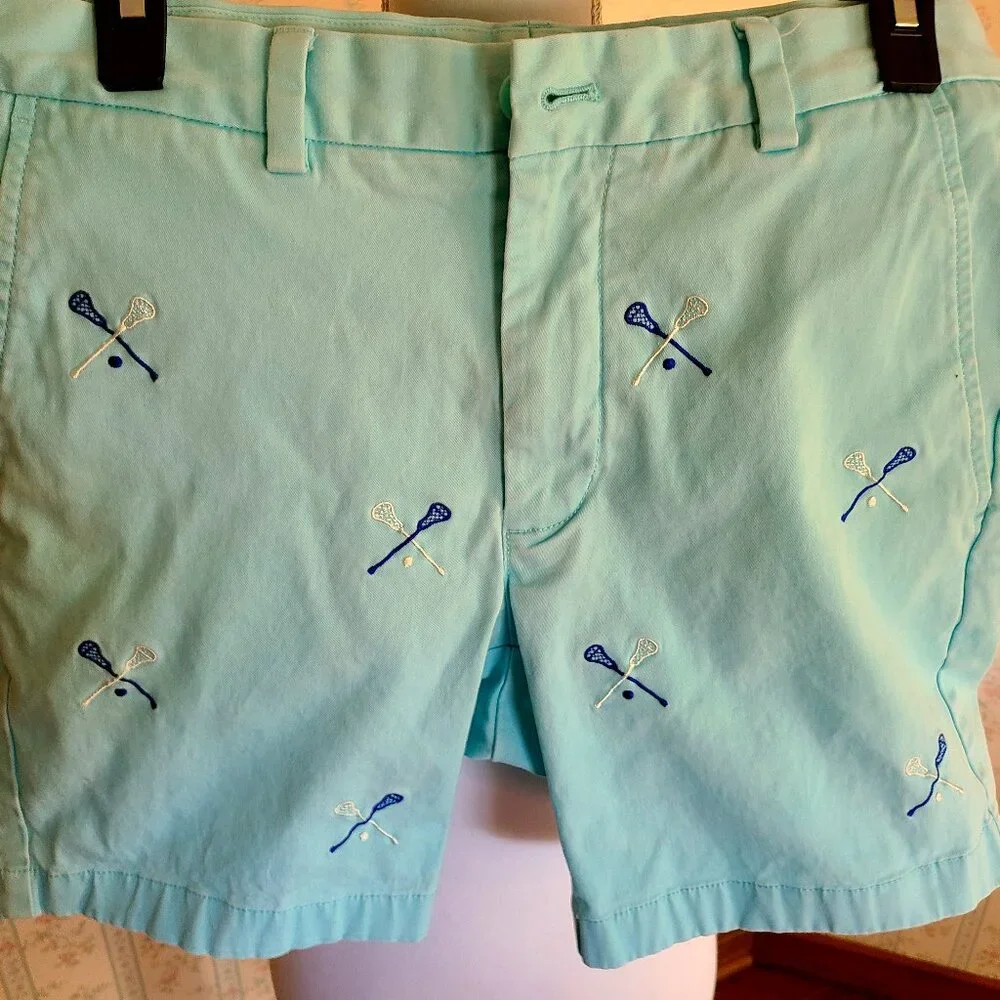 VINEYARD VINES EMBROIDERED BREAKER SHORTS LACROSSE MOTIF-POOL SIDE BLUE WAIST 28